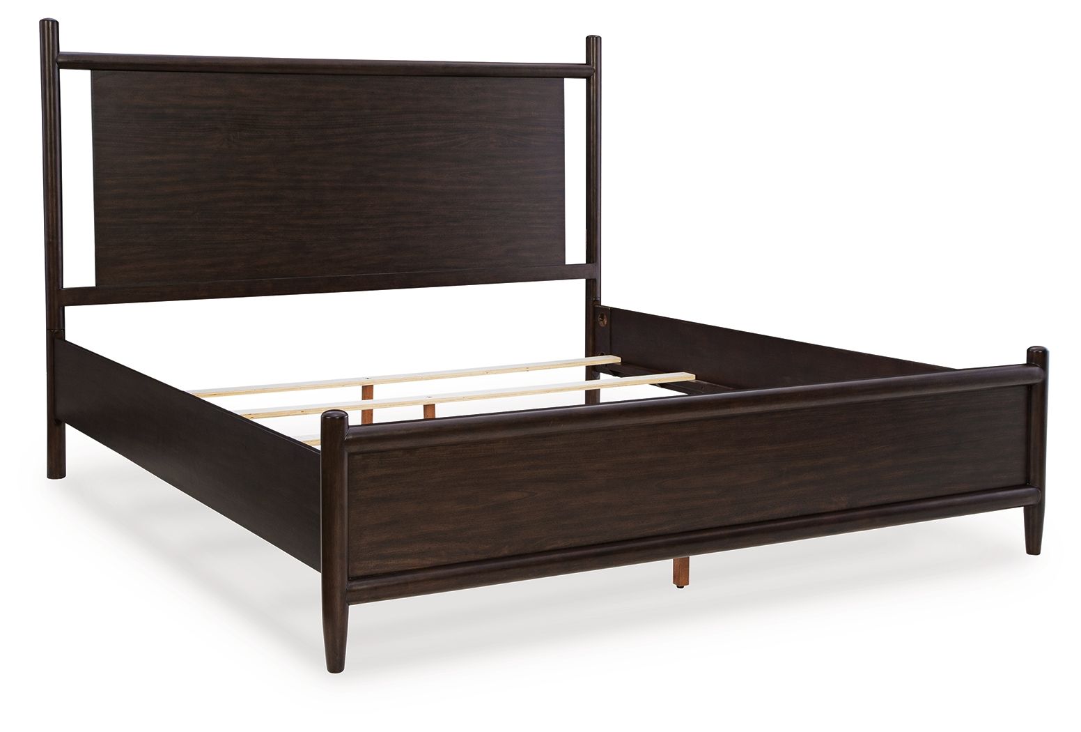 Dantenton panel bed in dark brown with open base and white mattress platform