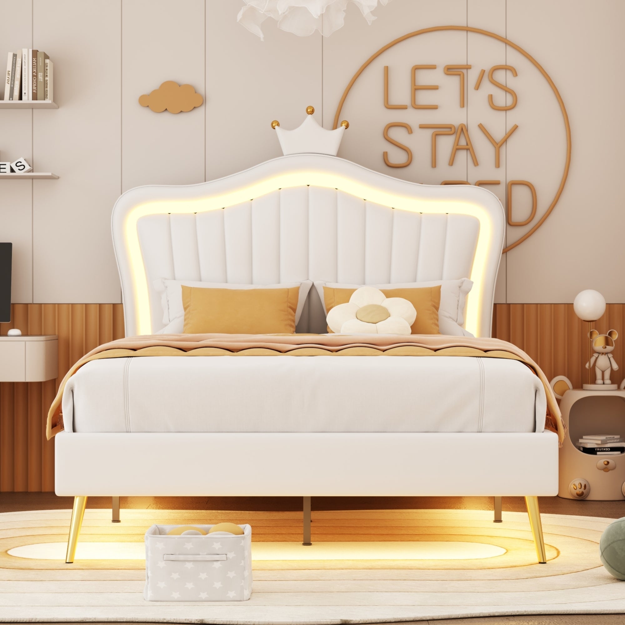Upholstered Bed Frame with LED Lights & Crown