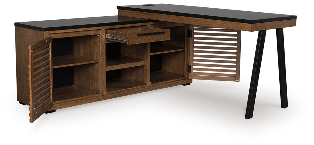 Dark brown credenza with black top, open compartments, and slatted cabinet doors