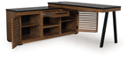 Dark brown credenza with black top, open compartments, and slatted cabinet doors