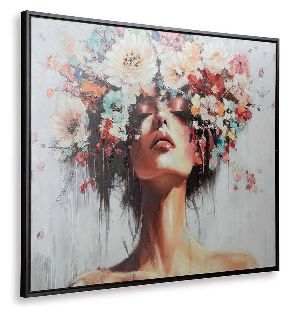 Framed wall art print of stylized woman face with colorful flowers and paint-splatter details