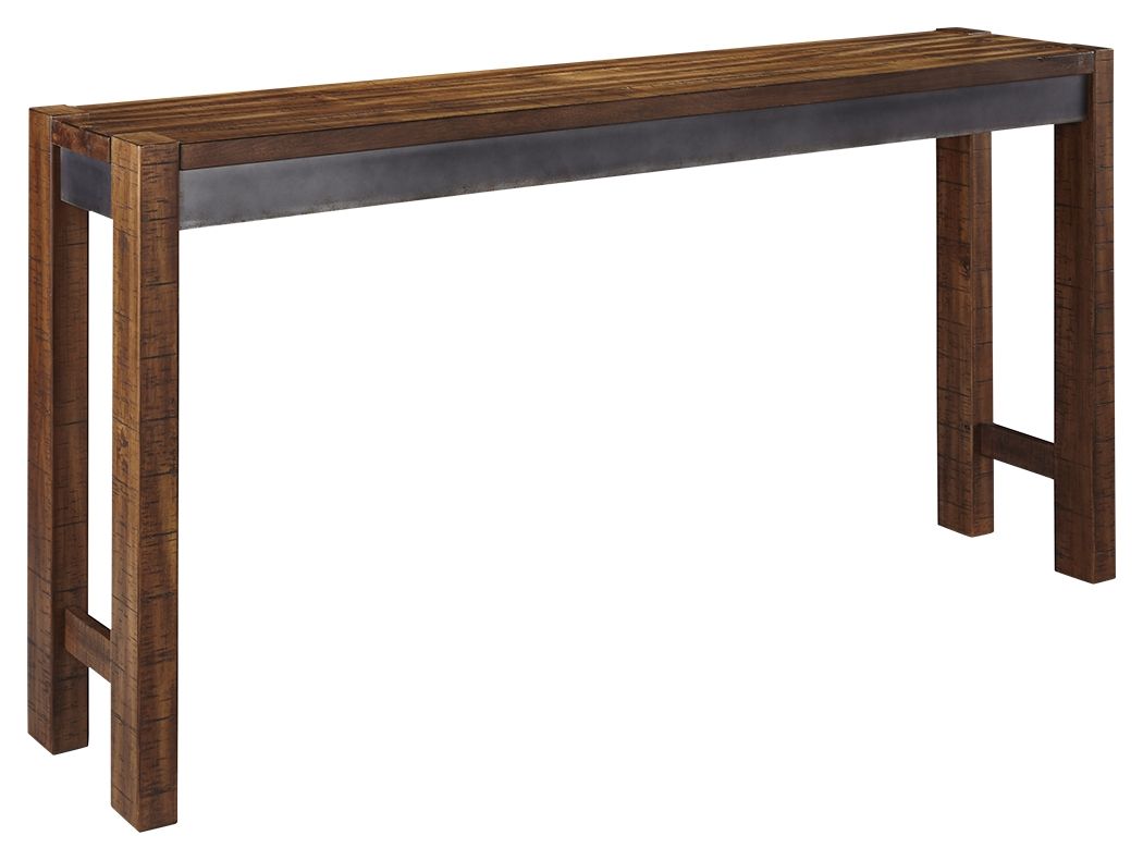Dark brown long counter table with open side supports and rectangular top.
