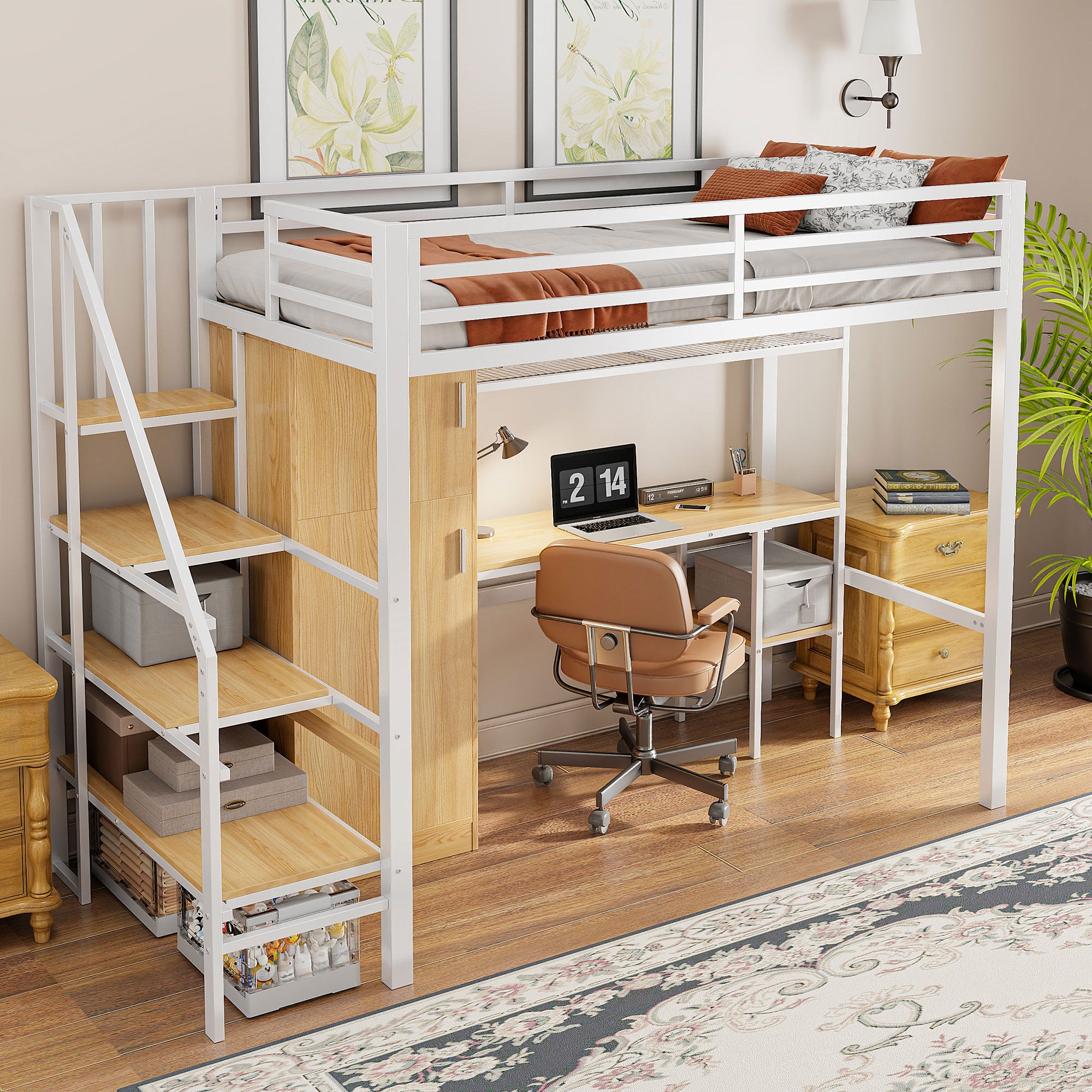 White Metal Twin Loft Bed: Desk, Shelf, Wardrobe & Storage Stairs