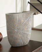 Blue-gray vase with radial mosaic pattern and wide rounded opening