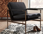 Black leather-look accent chair with metal arm frame and cushioned seat and back.