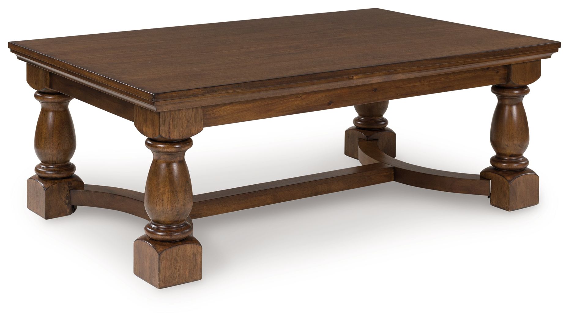 Rectangular brown cocktail table with turned legs and curved apron, open shelf