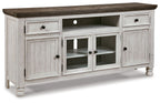 White TV stand with brown top, two drawers, and four open shelf compartments