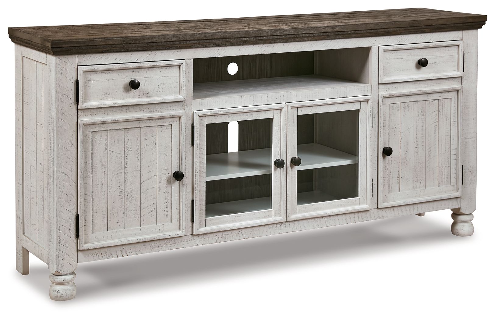 White TV stand with brown top, two drawers, and four open shelf compartments