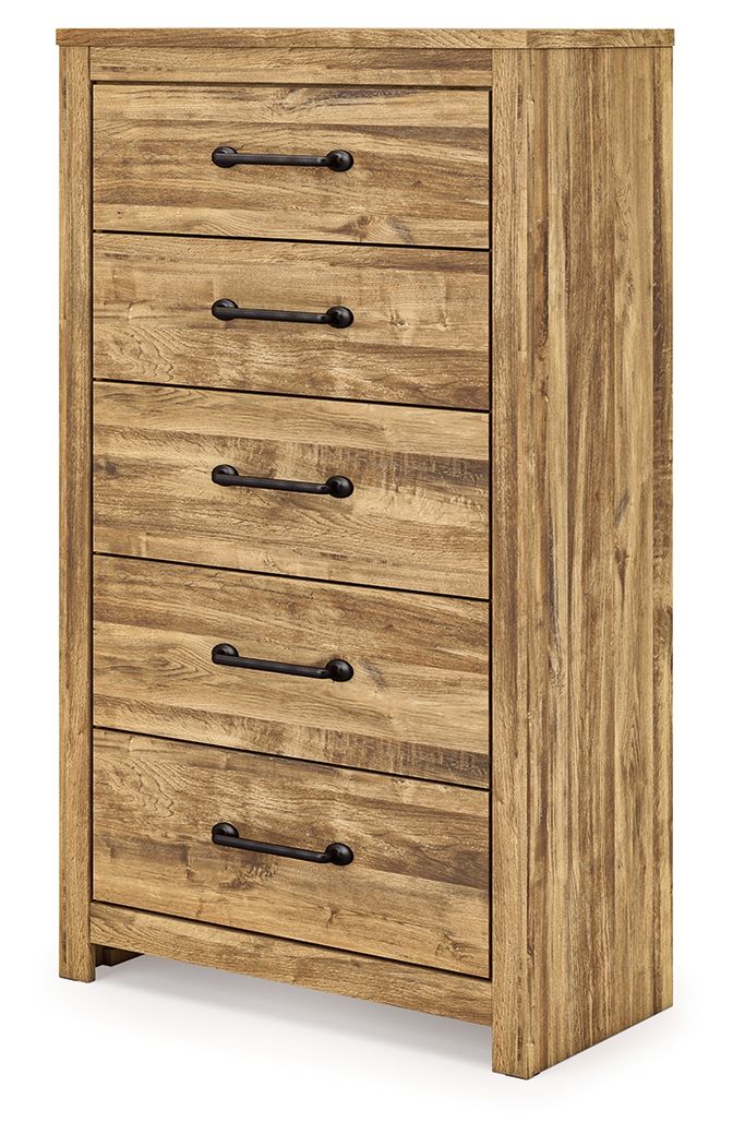 Brown five-drawer chest, angled view; black metal bar handles on drawers