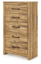 Brown five-drawer chest, angled view; black metal bar handles on drawers