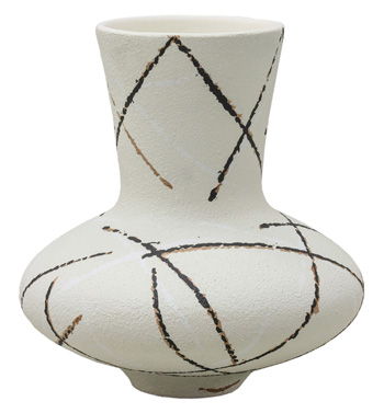 Cream ceramic vase with black and brown abstract line diamond pattern