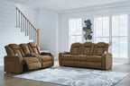 Brindle brown power reclining loveseat and matching recliner, console on side armrest