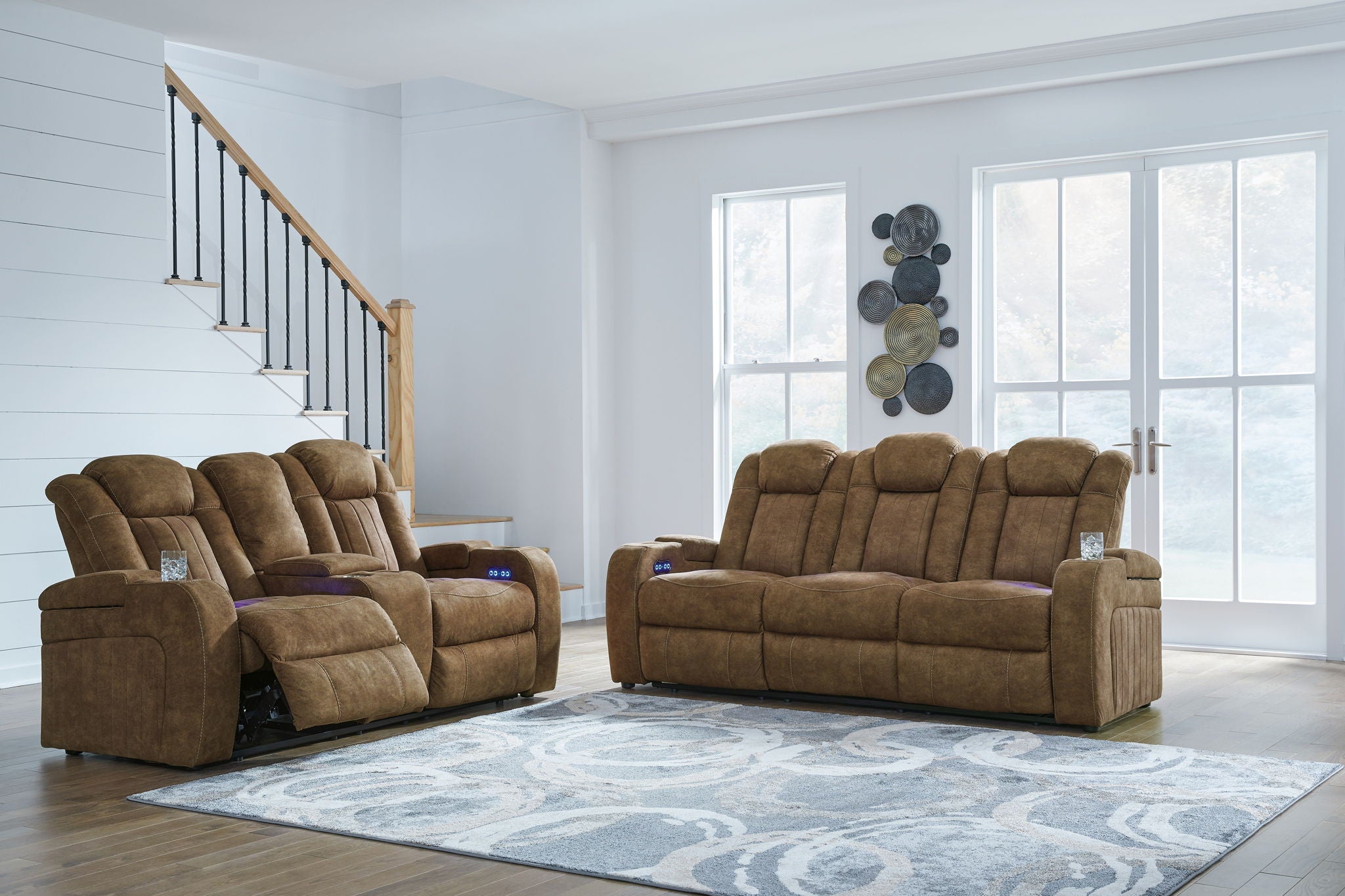 Brindle brown power reclining loveseat and matching recliner, console on side armrest