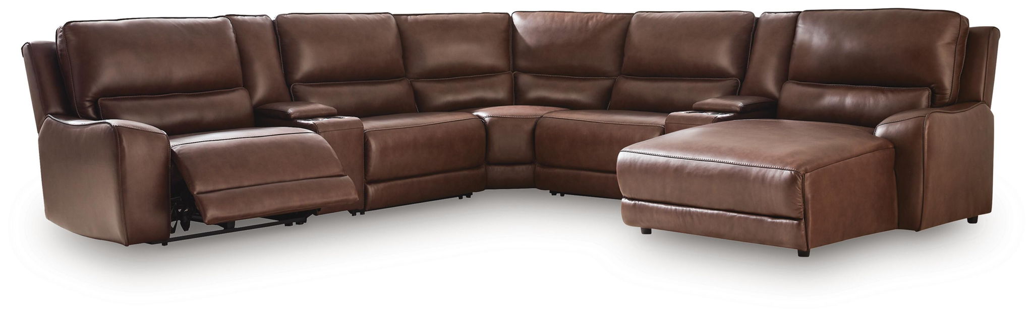 Dark brown power reclining sectional with extended chaise footrests and deep seats