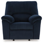 Navy striped rocker recliner chair with padded arms and cushioned seat
