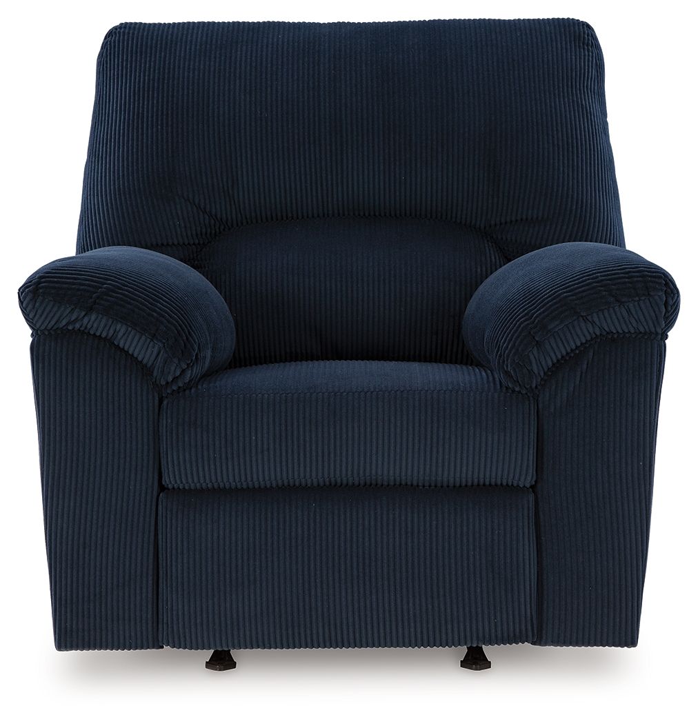 Navy striped rocker recliner chair with padded arms and cushioned seat