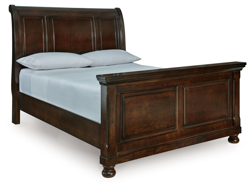 Dark brown sleigh bed frame with upholstered headboard and footboard panels