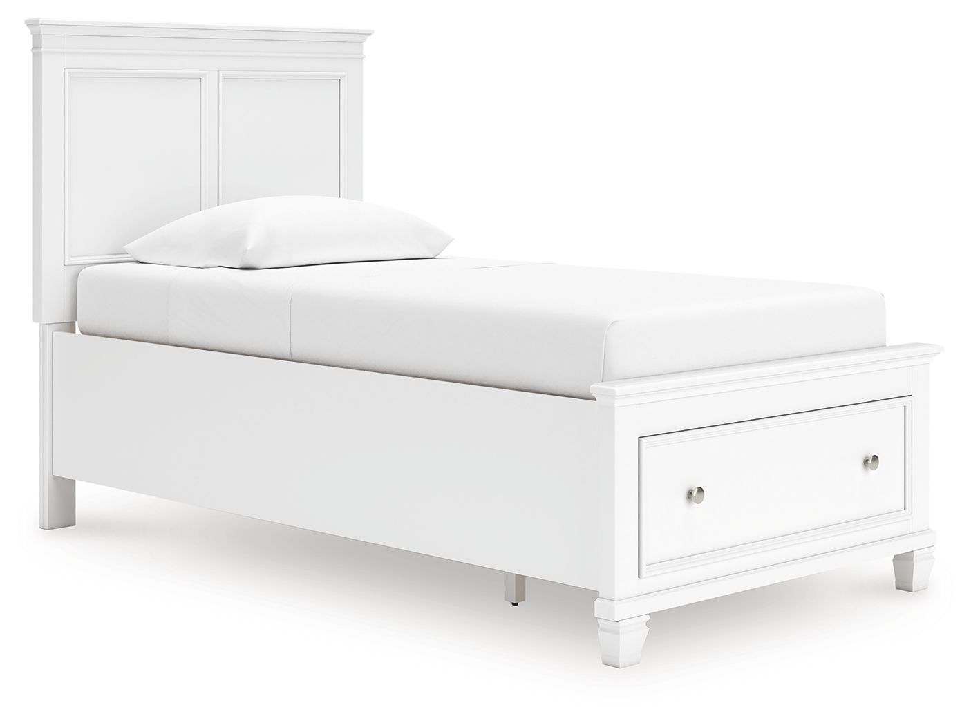 White panel bed with a front side drawer and a padded upholstered headboard and pillow