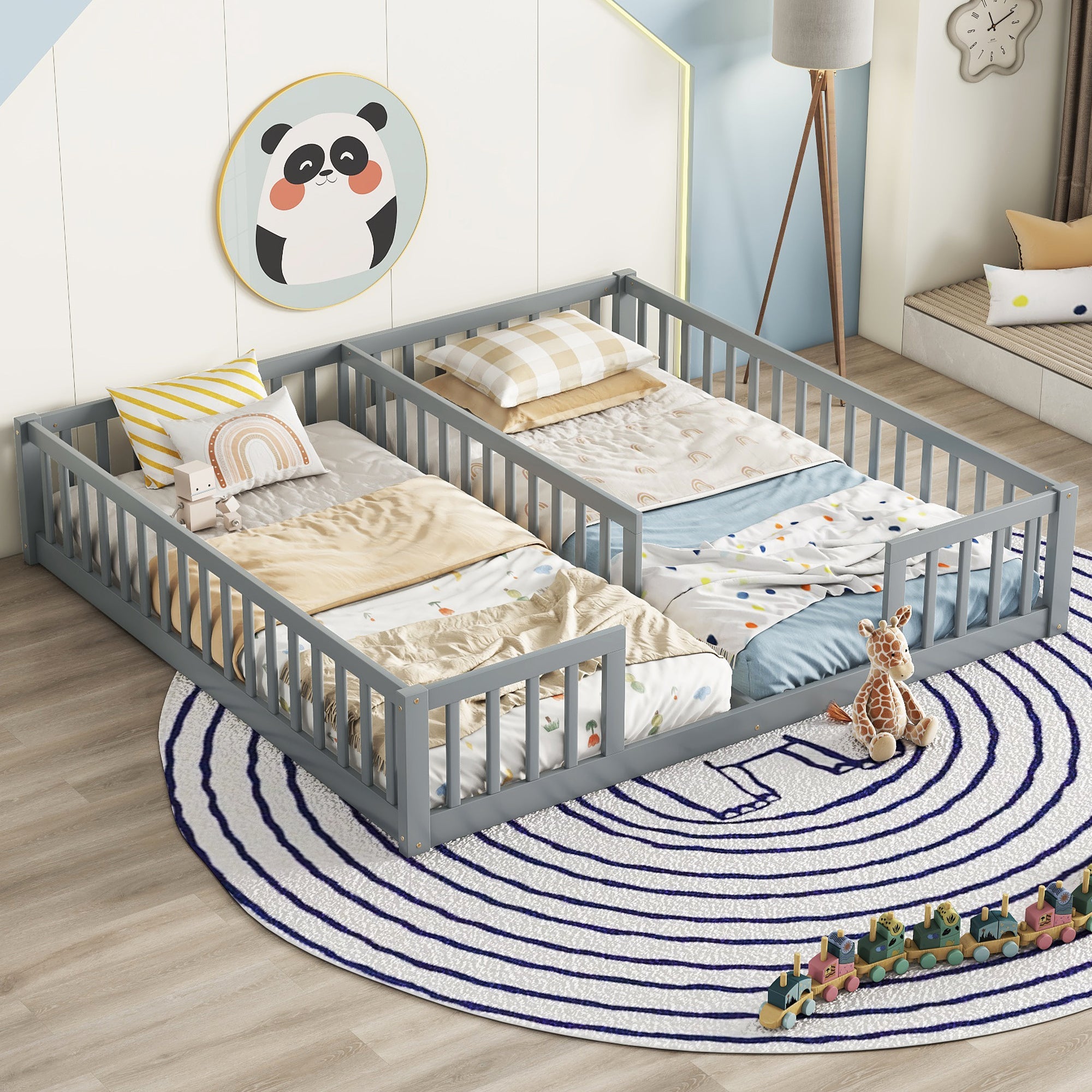 Grey Twin Double Bed w/Fence & Guardrails