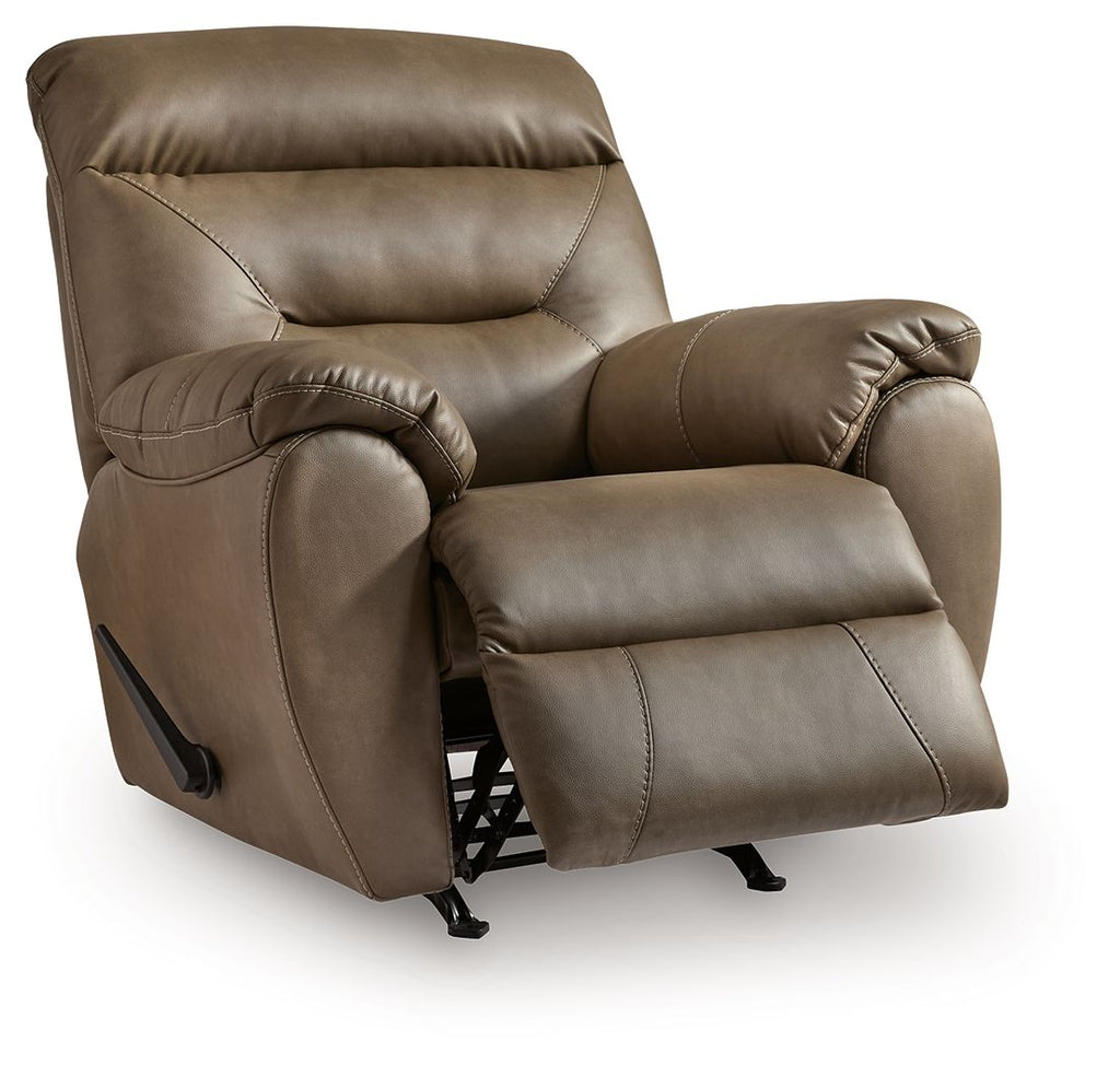 Dark gray rocker recliner with raised footrest and angled side profile