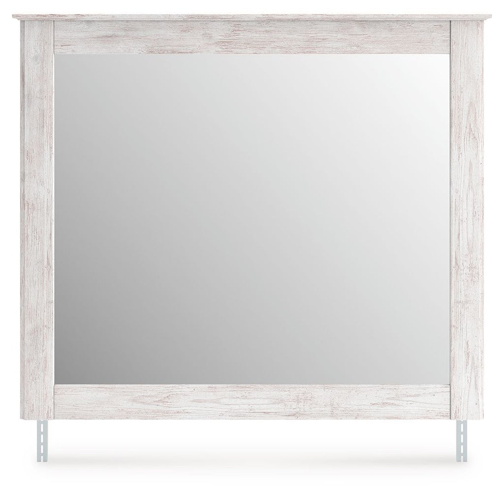 Bedroom mirror with whitewashed wood frame, front view with clear reflective surface
