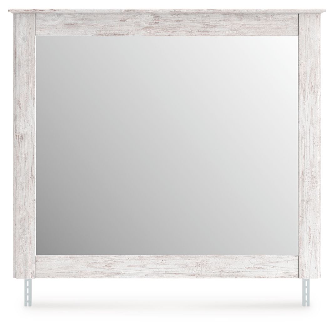 Bedroom mirror with whitewashed wood frame, front view with clear reflective surface