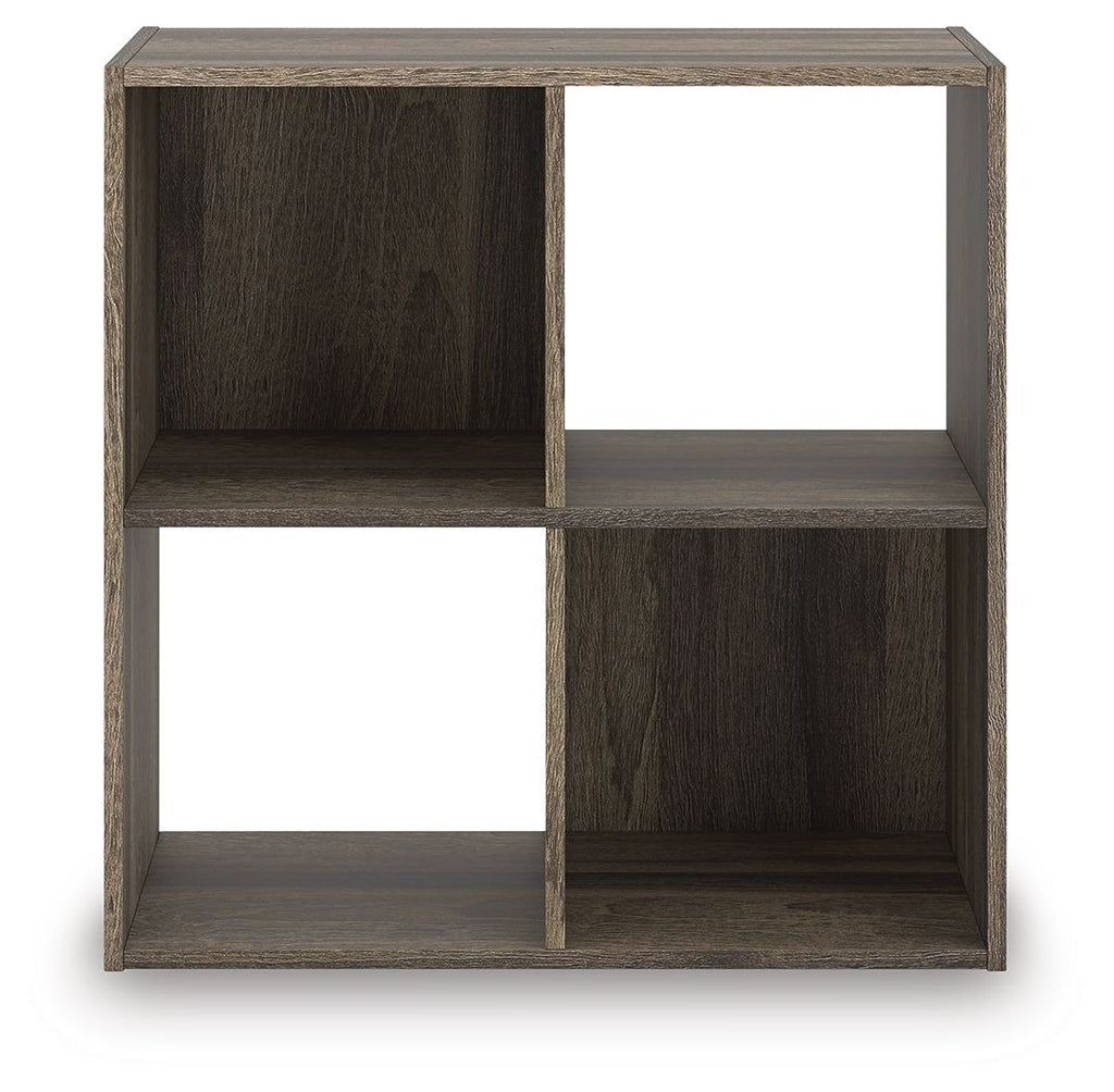 Dark brown cube organizer with four open square cubbies, front view