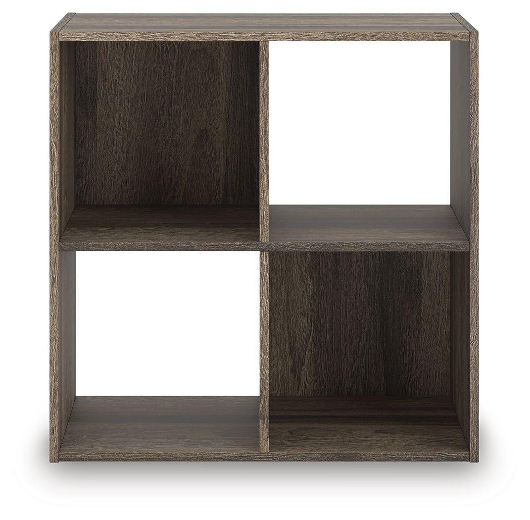 Dark brown cube organizer with four open square cubbies, front view