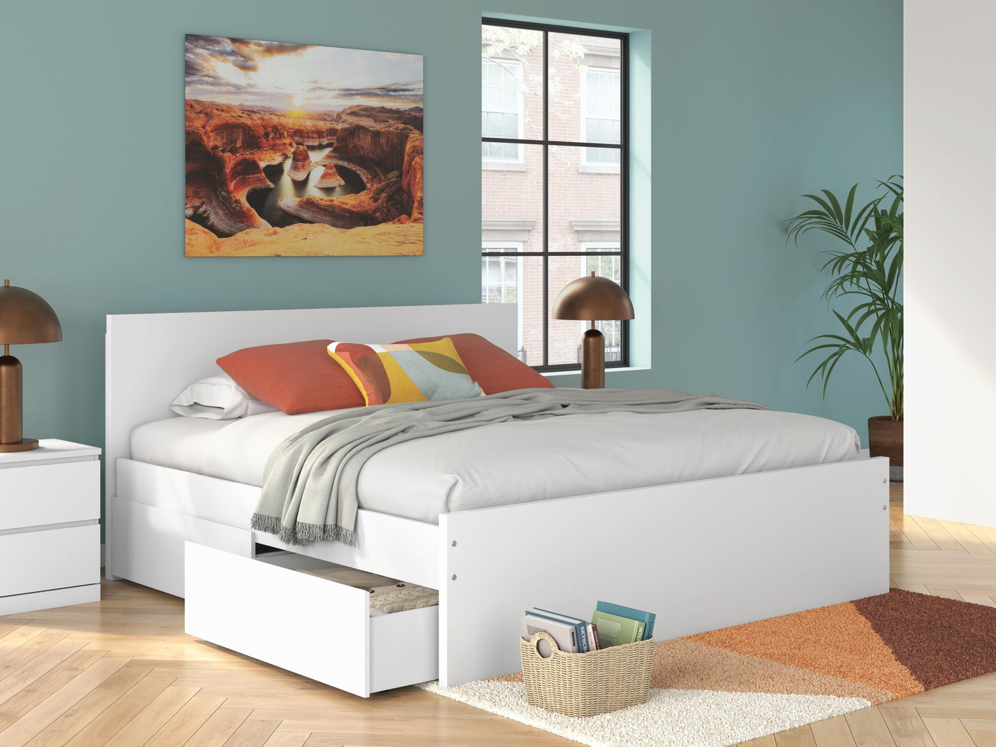 White platform bed with front drawer storage and panel headboard