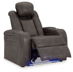 Power recliner with adjustable headrest, dark gray, blue base light visible