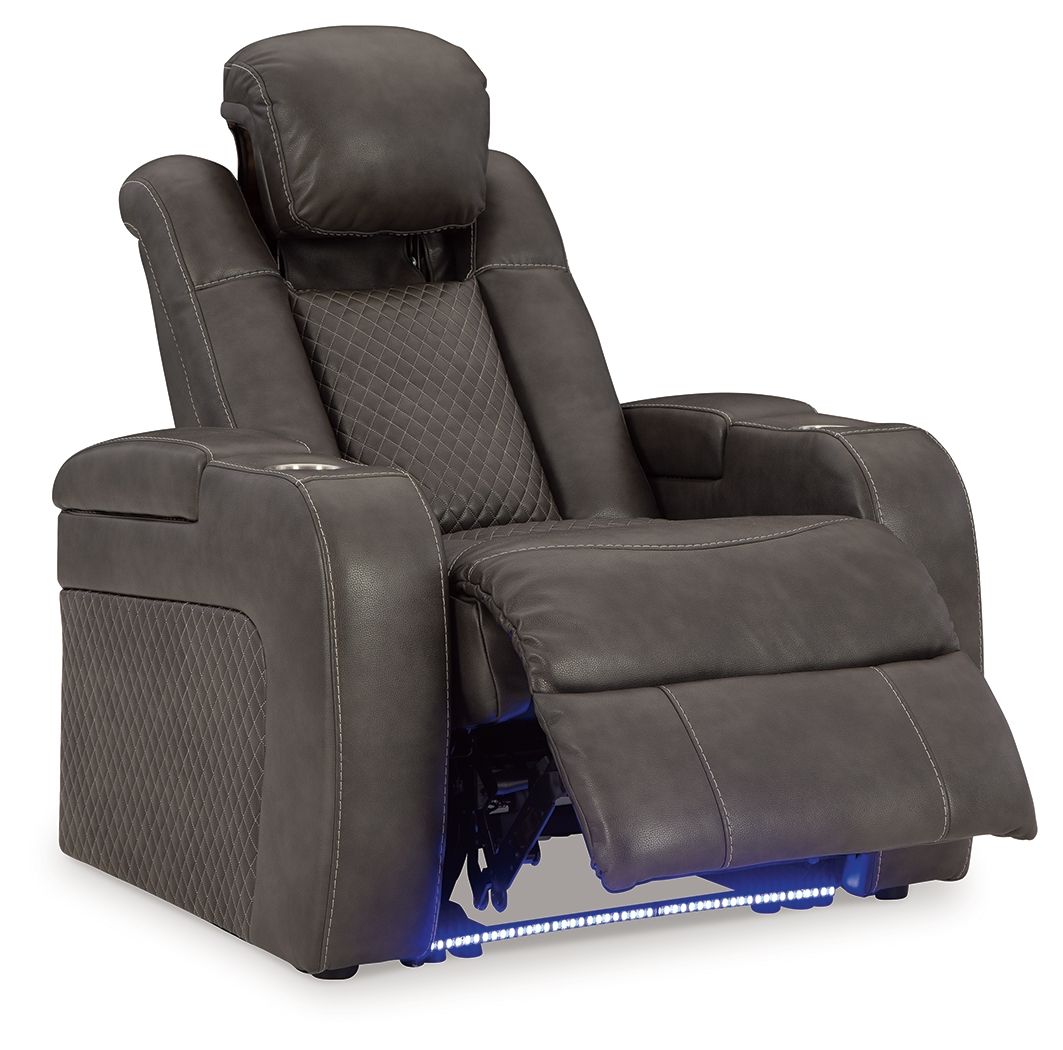 Power recliner with adjustable headrest, dark gray, blue base light visible