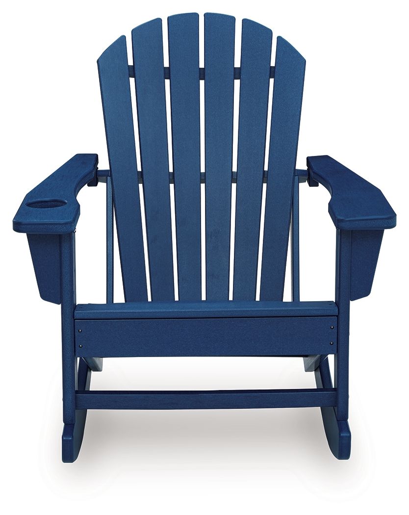 Blue wooden rocking chair with armrests and slatted back, front view