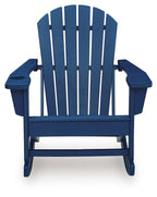 Blue wooden rocking chair with armrests and slatted back, front view