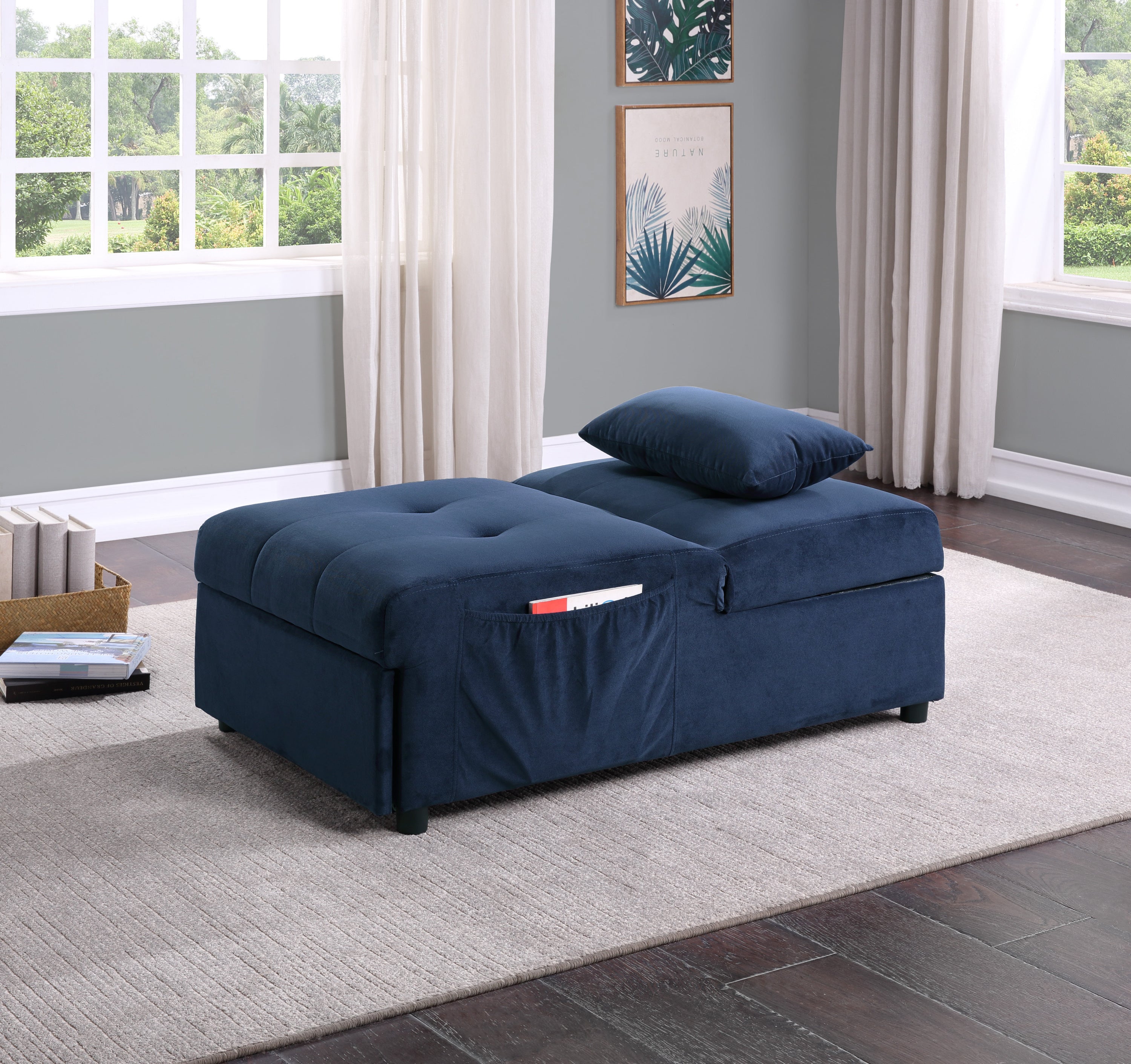 Modern Lift Top Storage Bench, Pull-Out Bed - Dark Blue Velvet