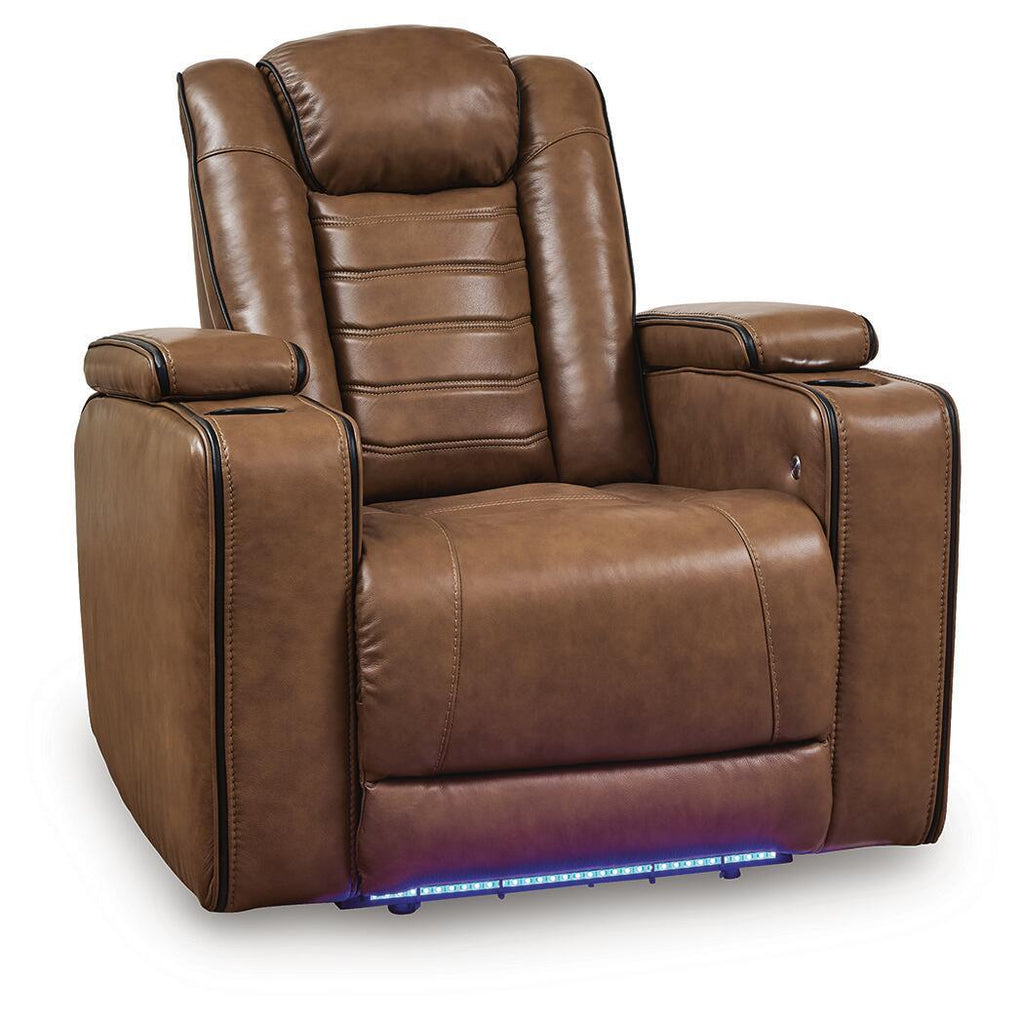 Brown power recliner chair with padded adjustable headrest and armrests