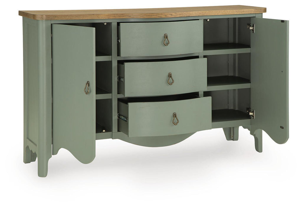 Antique green accent cabinet with open shelves and three drawers, brass pulls