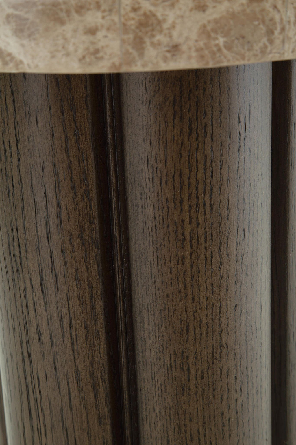 Dark fluted pedestal end table base with vertical wood-grain panels