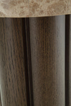 Dark fluted pedestal end table base with vertical wood-grain panels