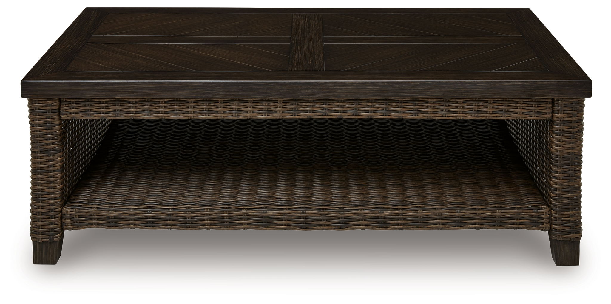 Rectangular patio coffee table with dark brown tabletop and woven base with open shelf