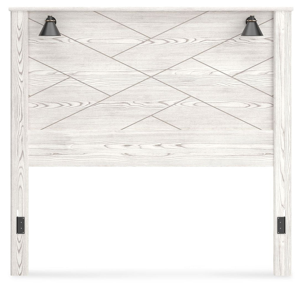 White queen panel headboard with geometric wood grain lines and two black mounted brackets
