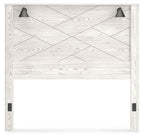 White queen panel headboard with geometric wood grain lines and two black mounted brackets
