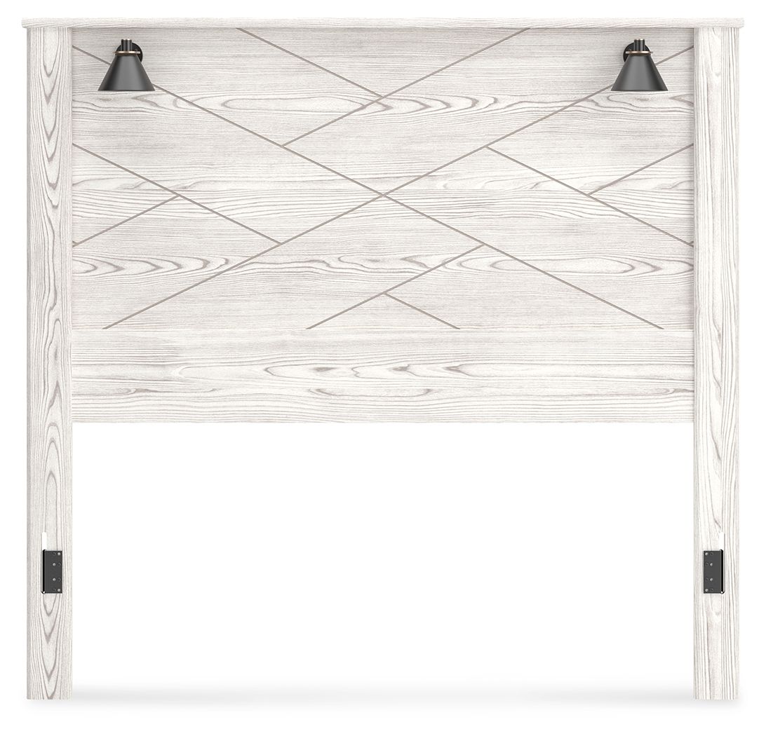 White queen panel headboard with geometric wood grain lines and two black mounted brackets