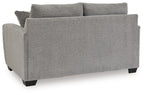 Gray upholstered Loreo loveseat with boxy arms and black legs