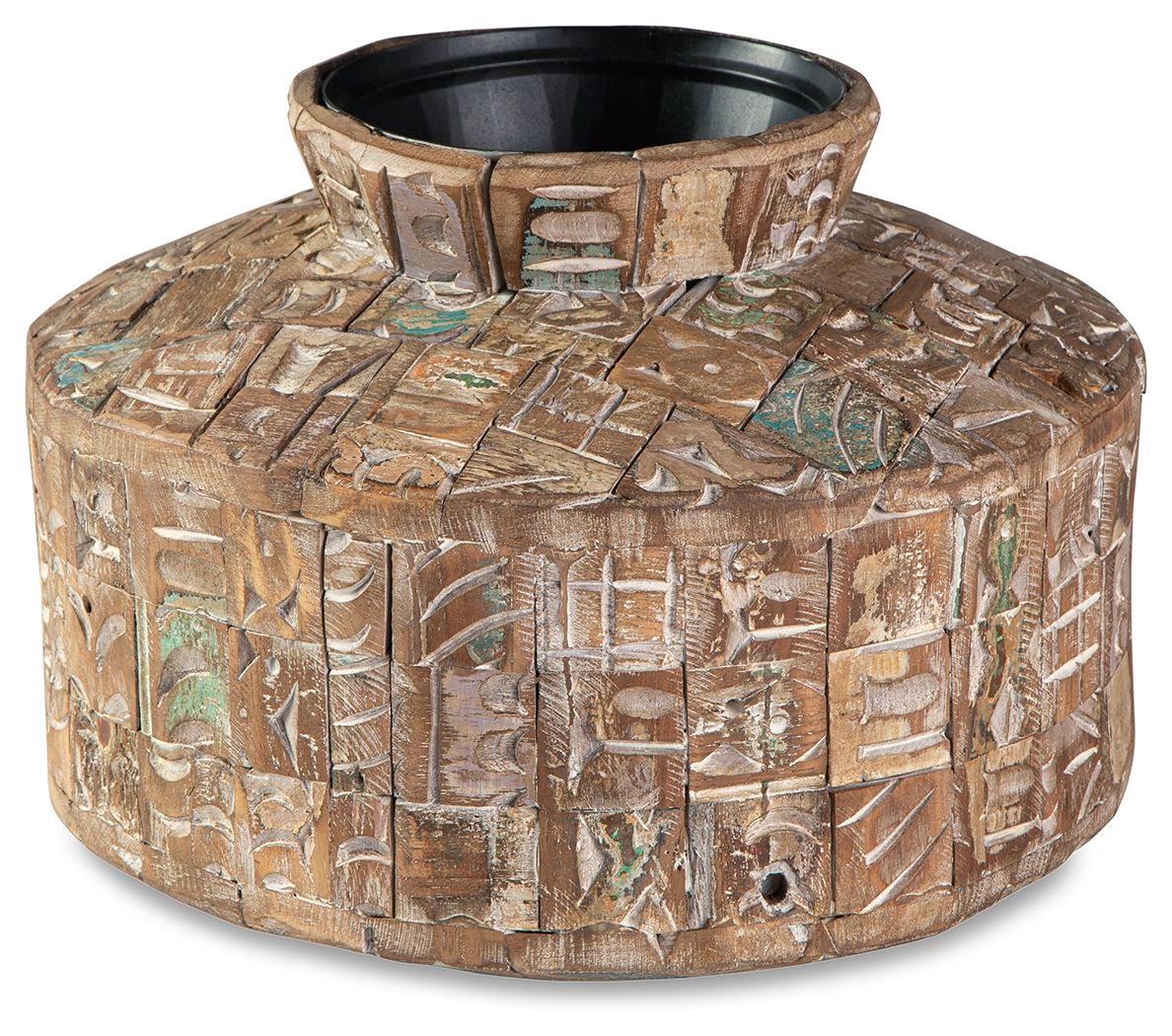 Textured ceramic vase with geometric tile pattern and circular opening, brown with teal accents.