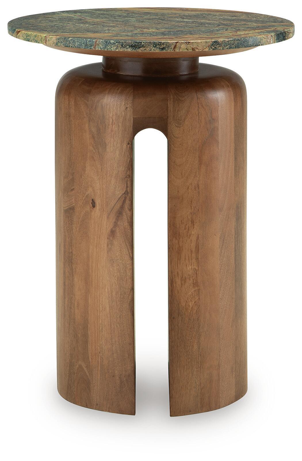 Brown wood accent table with circular green top and centered arched cutout