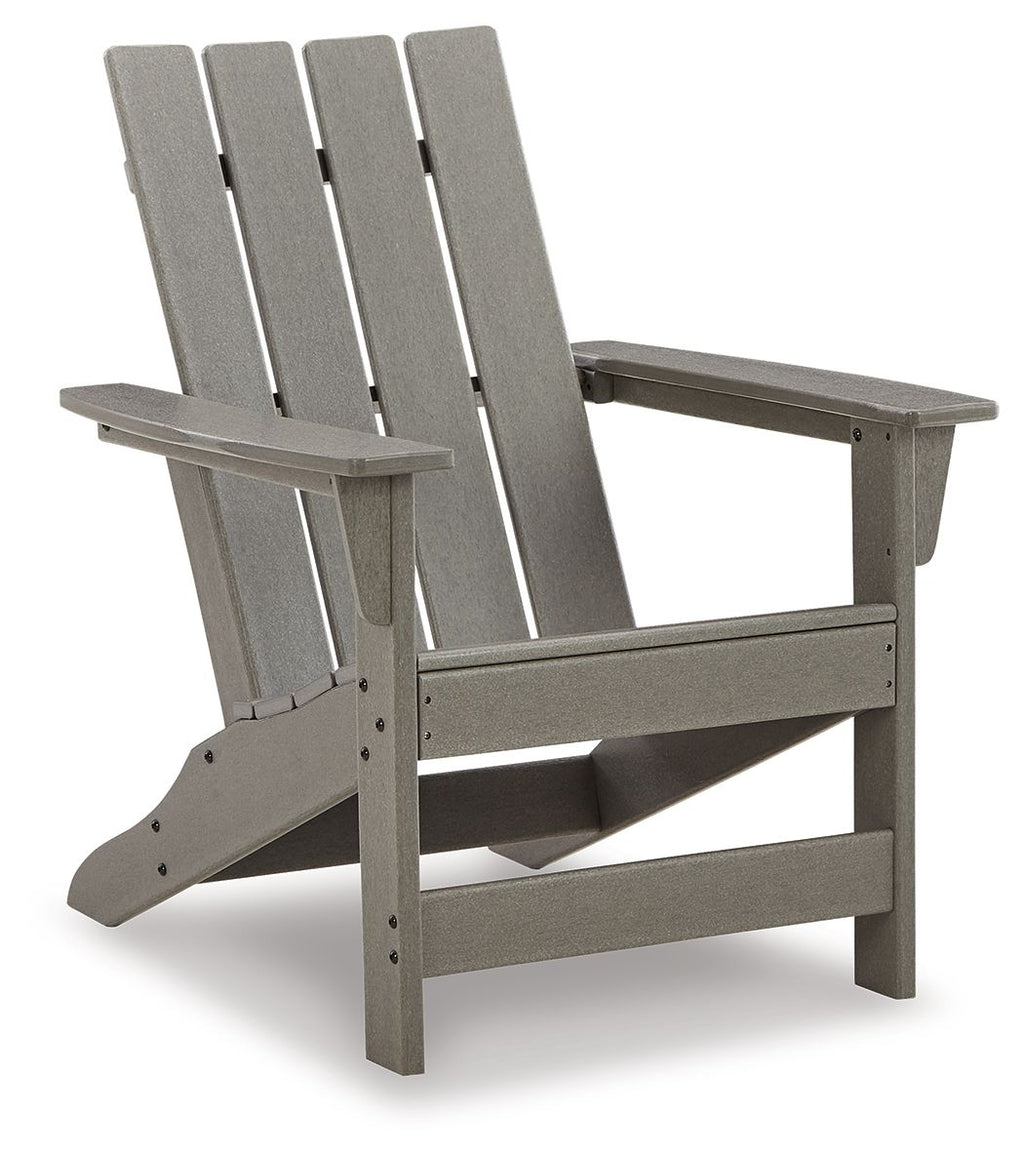 Gray Adirondack chair with wide arms and slatted back, front 3/4 view