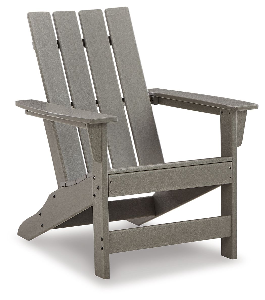 Gray Adirondack chair with wide arms and slatted back, front 3/4 view