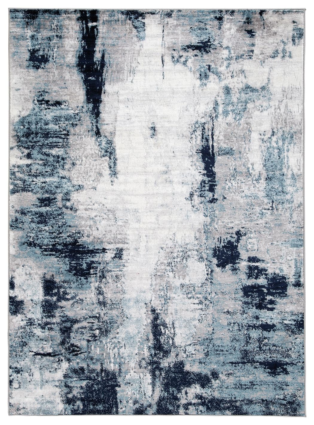 Abstract blue and gray area rug with vertical brush streaks