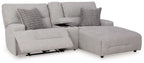 Light gray power reclining sectional sofa, raf chaise, recline mechanism visible underneath