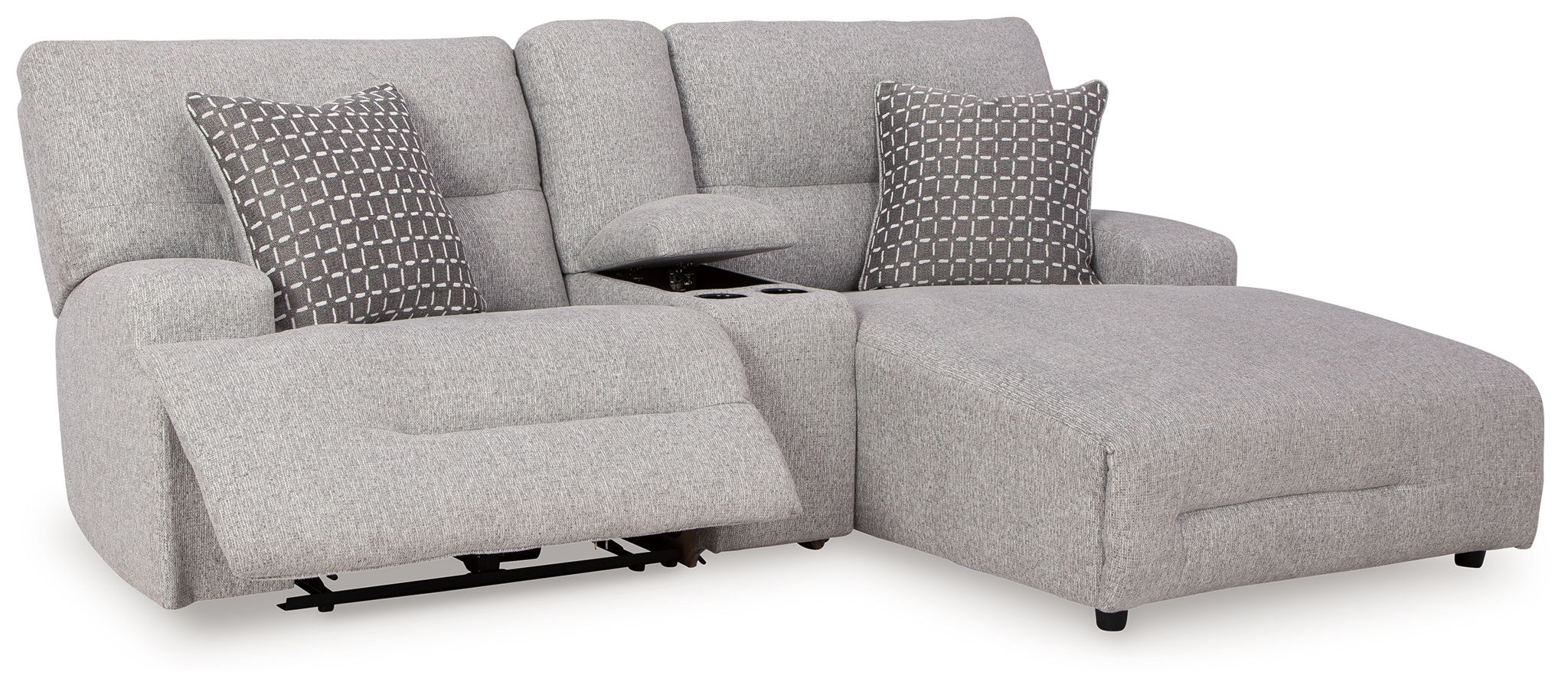Light gray power reclining sectional sofa, raf chaise, recline mechanism visible underneath